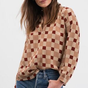 Tucker Long Sleeve Polo Blouse Plaid Silk Top